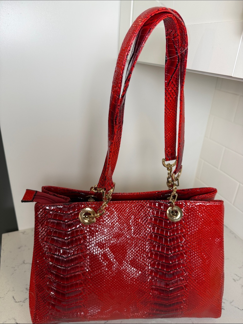 Red Snake-Embossed Shoulder Tote with Gold Hardware - Picture 3 of 14